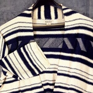 Lucky Brand Cardigan Womens Medium Blue White Striped Open Fringe Kimono Boho